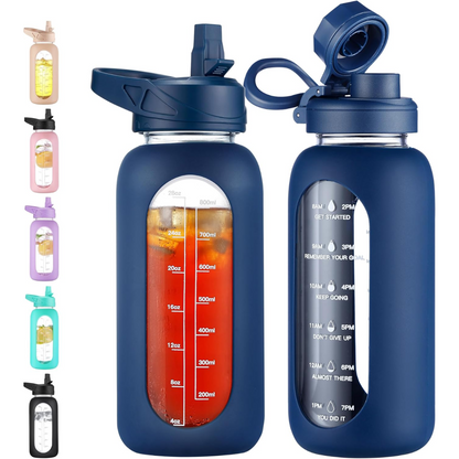 Avelena | Motivierende Glas-Wasserflasche 900Ml mit Strohhalm