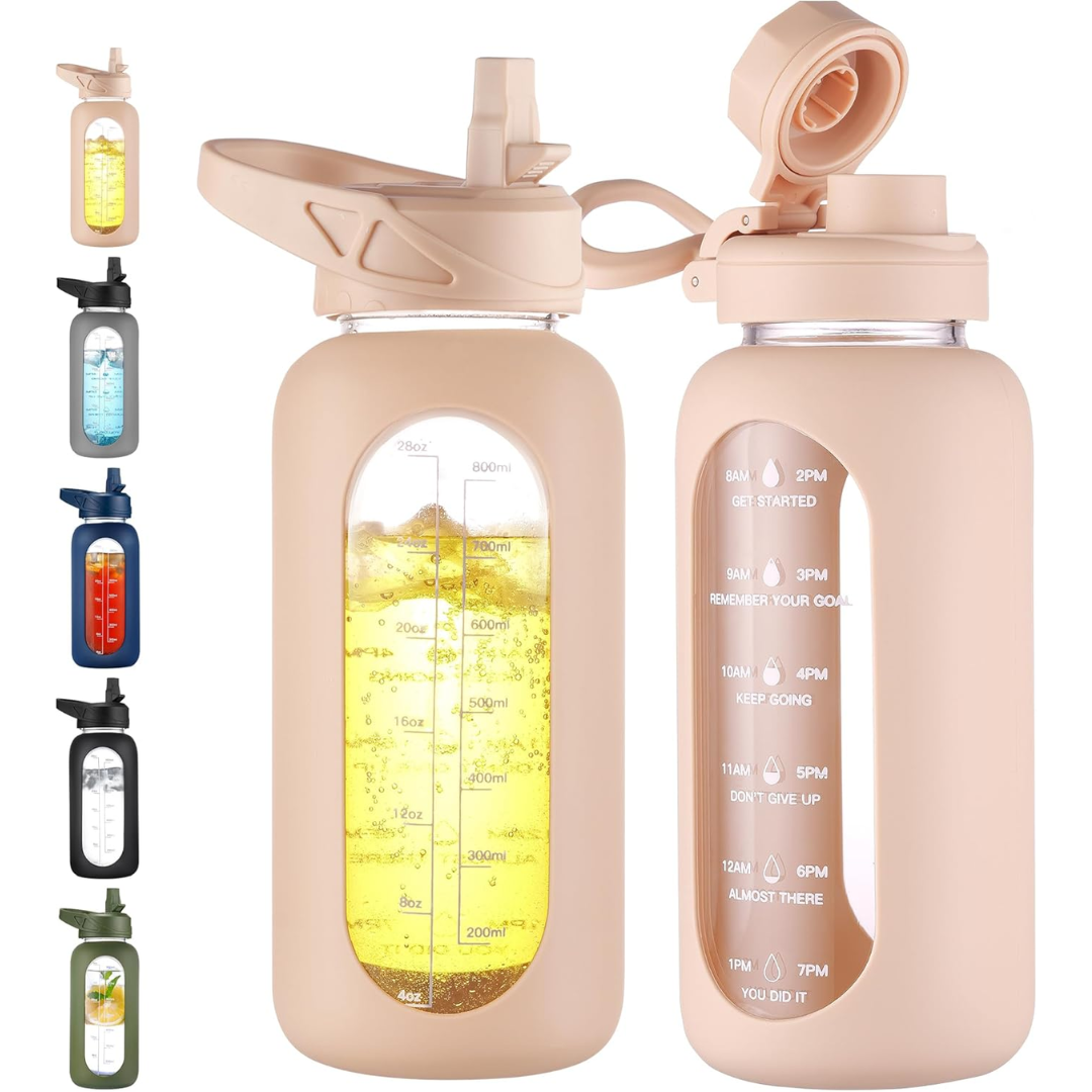 Avelena | Motivierende Glas-Wasserflasche 900Ml mit Strohhalm