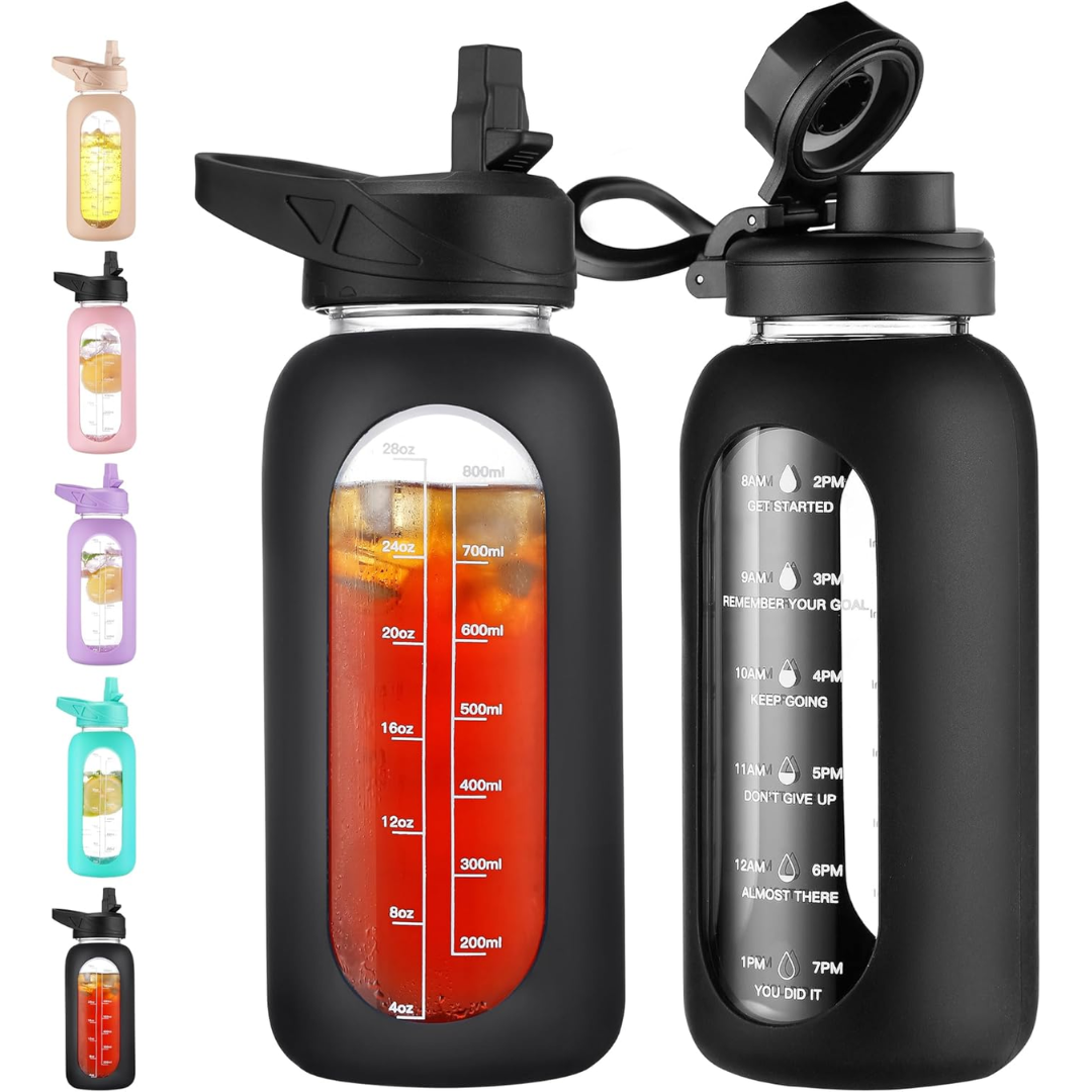 Avelena | Motivierende Glas-Wasserflasche 900Ml mit Strohhalm
