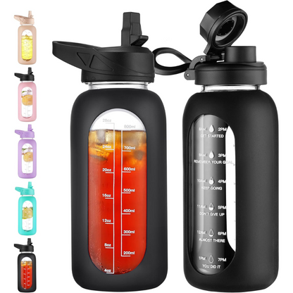 Avelena | Motivierende Glas-Wasserflasche 900Ml mit Strohhalm