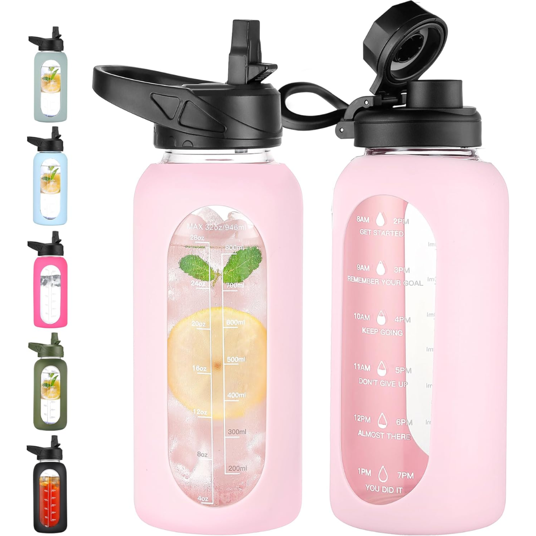Avelena | Motivierende Glas-Wasserflasche 900Ml mit Strohhalm