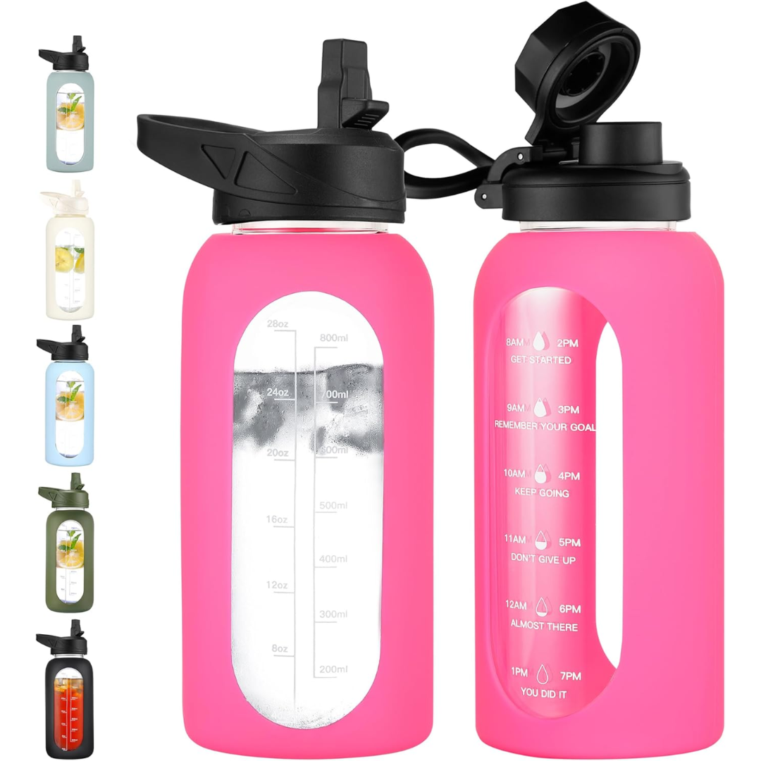 Avelena | Motivierende Glas-Wasserflasche 900Ml mit Strohhalm