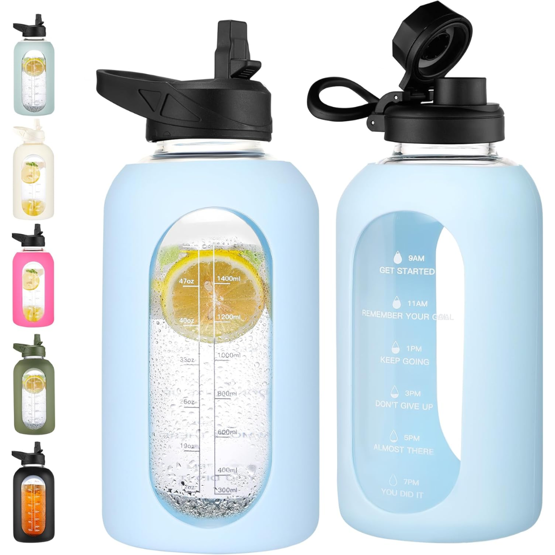 Avelena | Motivierende Glas-Wasserflasche 900Ml mit Strohhalm