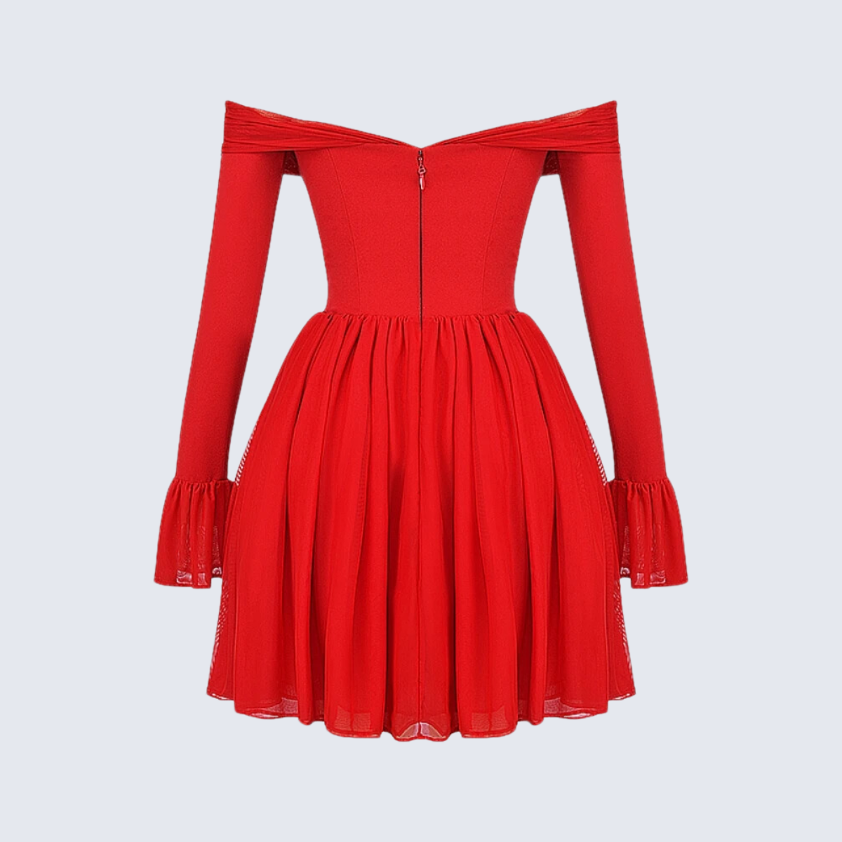 Rotes, schulterfreies, ausgestelltes Kleid