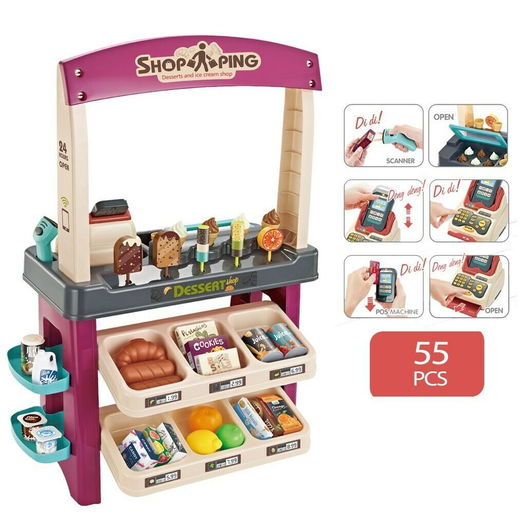 Avelena | Kinder Supermarkt Eiswagen Laden Dessert Lebensmittel Späte Rolle Spiel Set Spielzeug Geschenk Blau