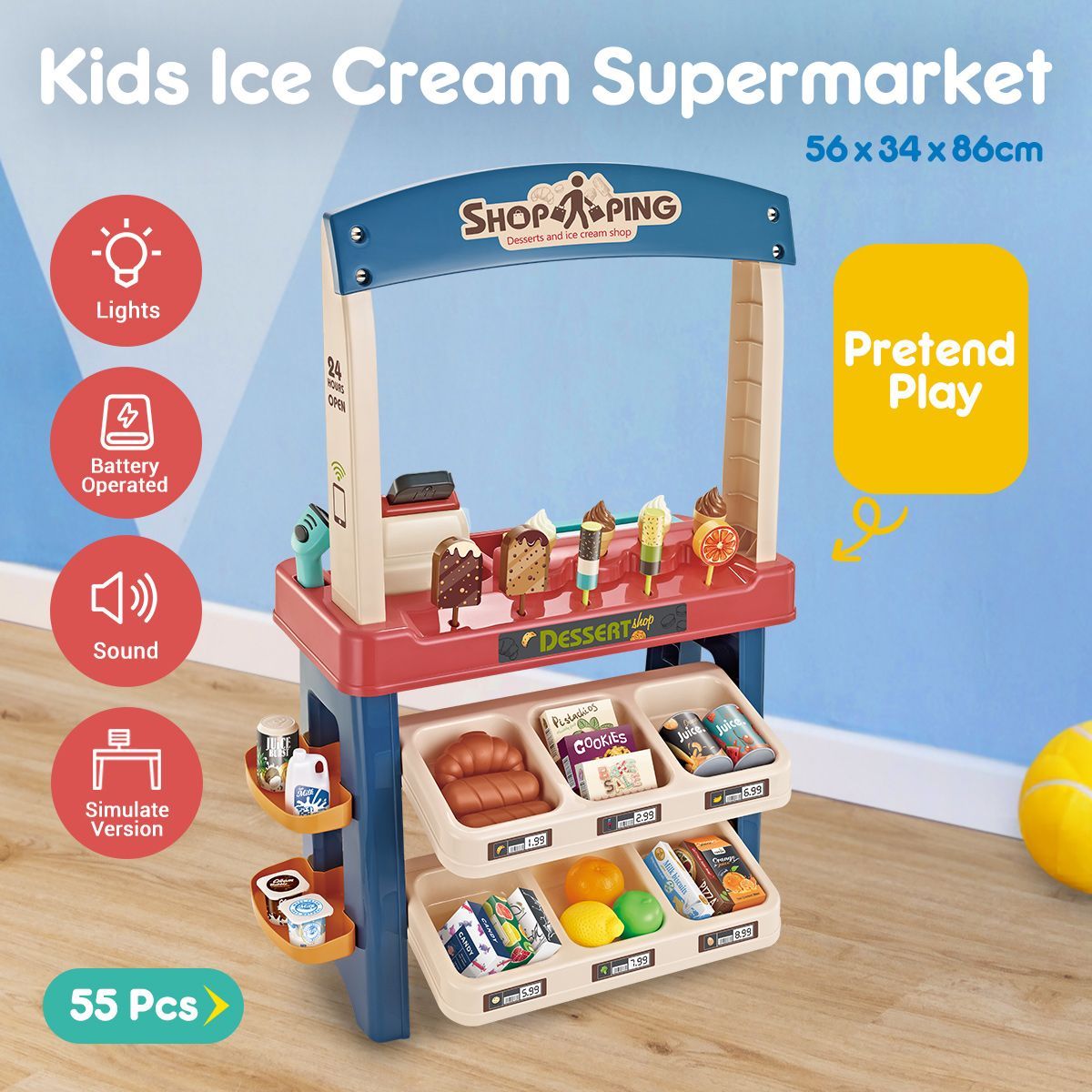 Avelena | Kinder Supermarkt Eiswagen Laden Dessert Lebensmittel Späte Rolle Spiel Set Spielzeug Geschenk Blau