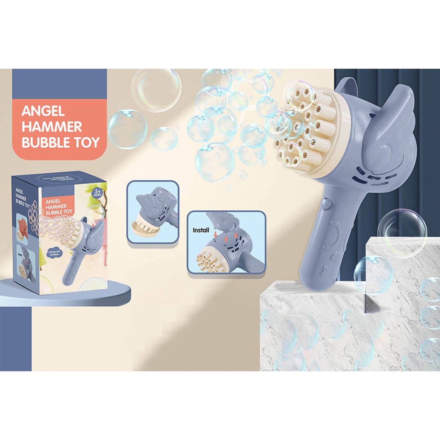 Avelena | Bubblerainbow 23-Hulls Engel Boble Hammer Gatling Boble Maschine Kinder Elektrisches Spielzeug Blau