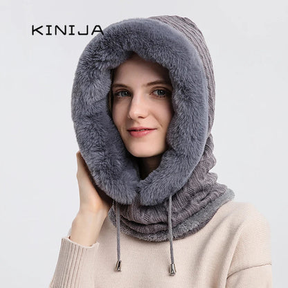Avelena | Damen Winter Pelzmütze & Masken Set - Strick Cashmere Balaklava
