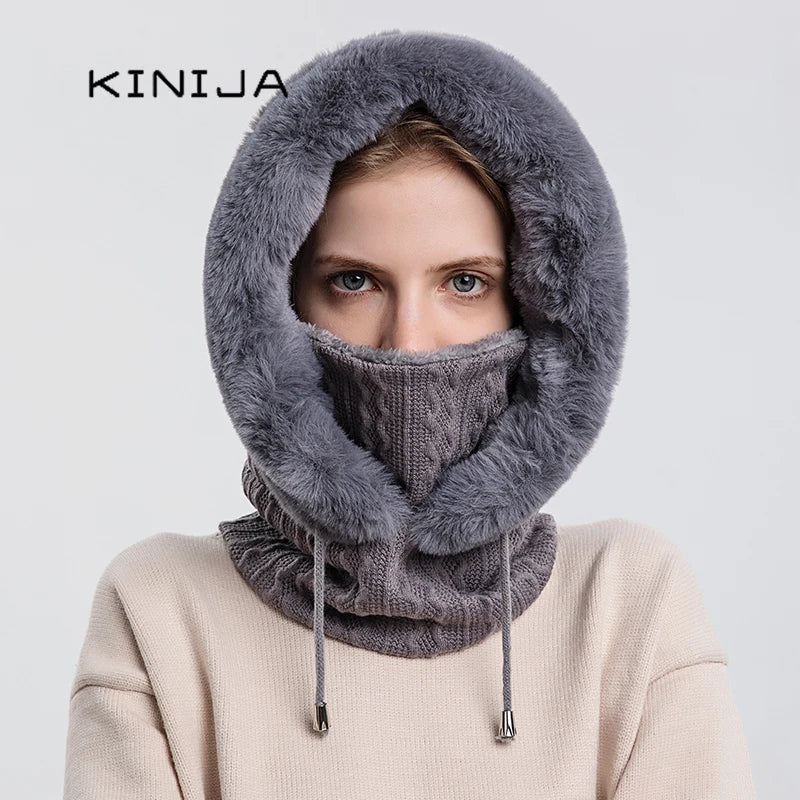Avelena | Damen Winter Pelzmütze & Masken Set - Strick Cashmere Balaklava