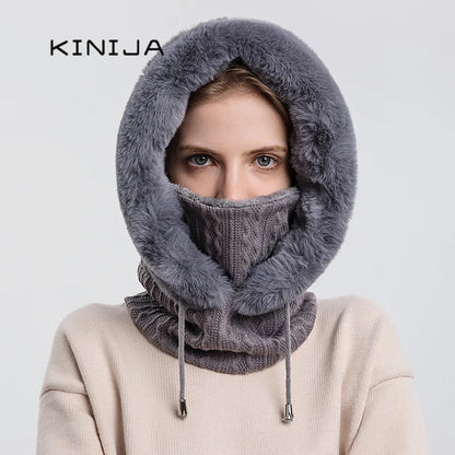 Avelena | Damen Winter Pelzmütze & Masken Set - Strick Cashmere Balaklava