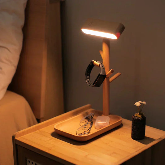 Avelena | WoodGlow – Dimmbare Holz Tischlampe mit Praktischem Stauraum