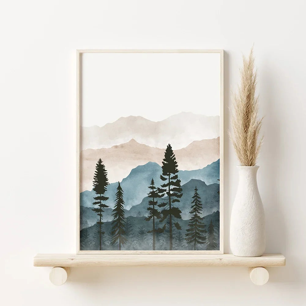 Avelena | Wald Wildnis Berg Aquarell Wandkunst Fine Art Leinwanddruck Nordische Landschaftsbilder Poster für Wohnzimmer Kunstdekoration