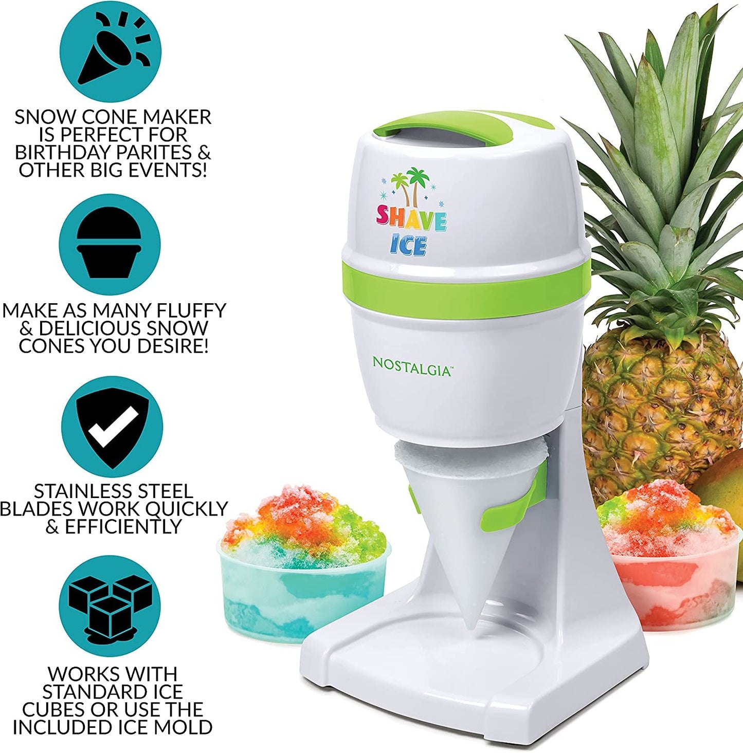 Avelena | Elektrische Hawaiian Tisch Snow Cone Maschine, Raspel Eis Maschine Inklusive 1 Wiederverwendbarem Plastikbecher Und Eisformen, Weiß/Grün