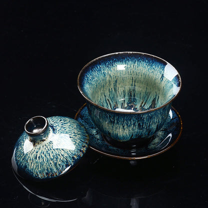 Avelena | Vintage Kiln Keramik Gaiwan Sancai Teetasse Teetasse und Untertasse mit Deckel