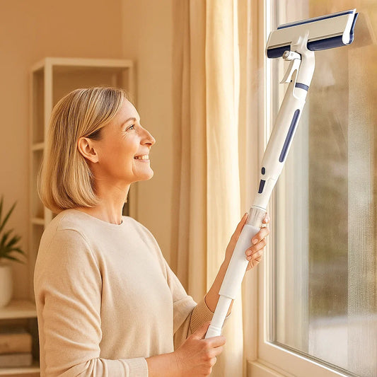 Avelena | Teleskopischer 3-in-1-Fensterreiniger mit Sprühvorrichtung und integriertem Behälter