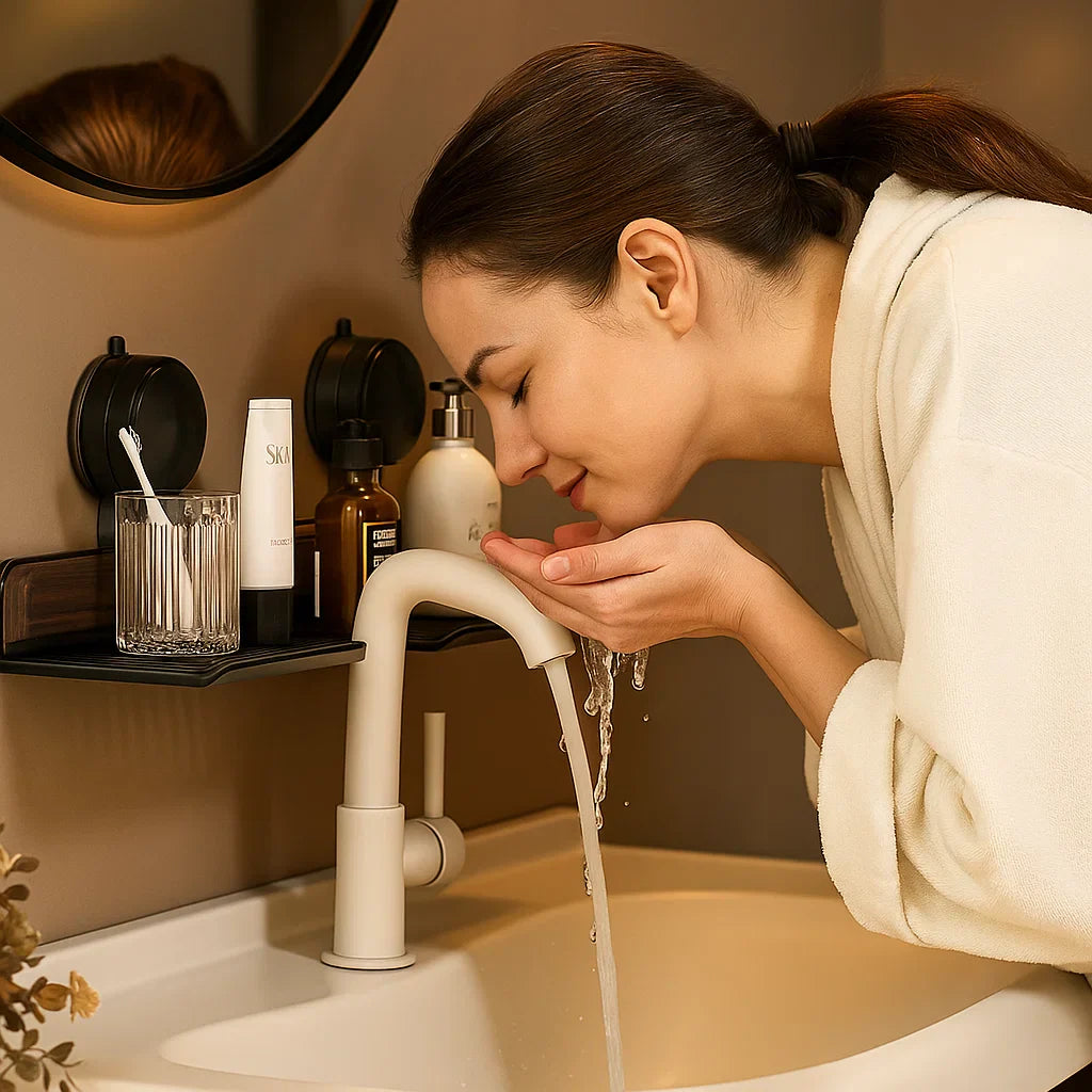 Avelena | Badezimmer Saugnapf Waschbeckenablage im Walnuss Design