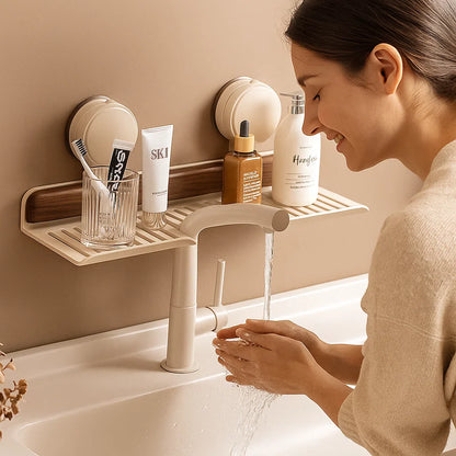 Avelena | Badezimmer Saugnapf Waschbeckenablage im Walnuss Design