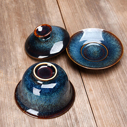 Avelena | Vintage Kiln Keramik Gaiwan Sancai Teetasse Teetasse und Untertasse mit Deckel