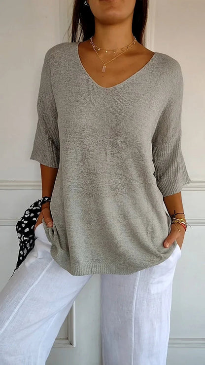 Avelena | Bequemer Gestrickter V-Ausschnitt-Top