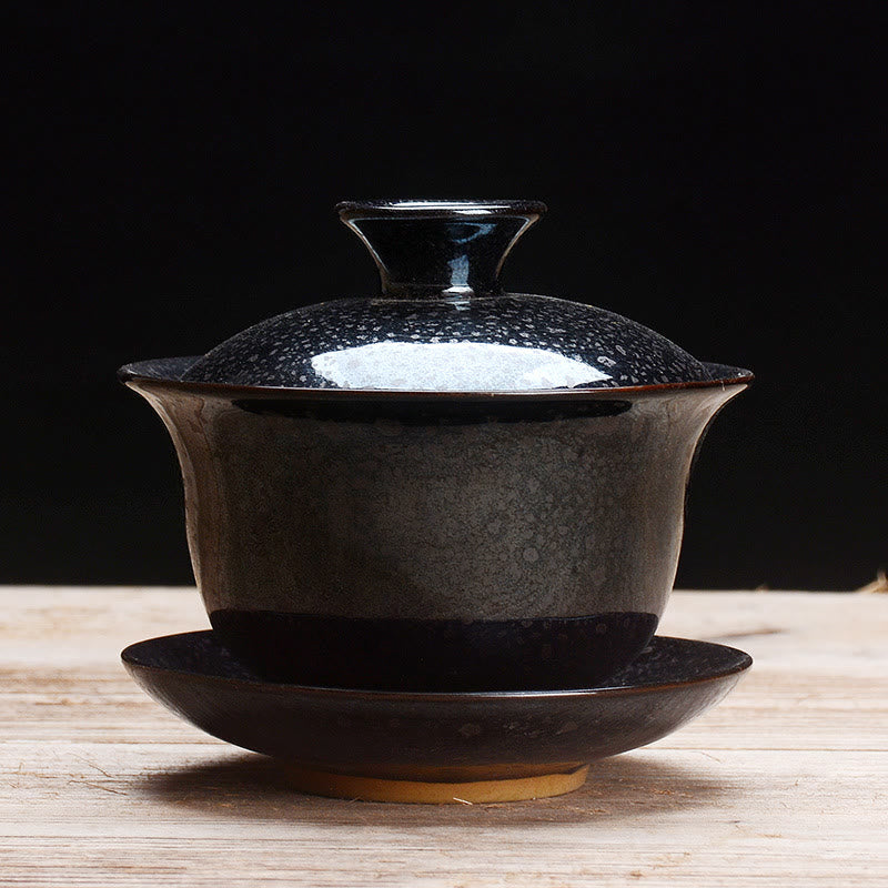 Avelena | Vintage Kiln Keramik Gaiwan Sancai Teetasse Teetasse und Untertasse mit Deckel