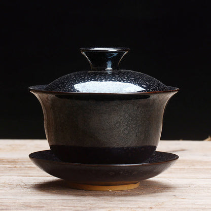 Avelena | Vintage Kiln Keramik Gaiwan Sancai Teetasse Teetasse und Untertasse mit Deckel