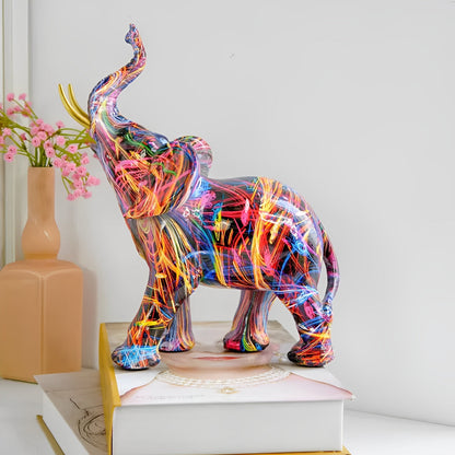 Avelena | Abstrakte Elefantenstatue – Farbiges Afrikanisches Design mit erhobenem Rüssel für Glück