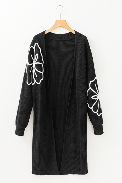 Avelena | Offene Schulterfreie Duster-Strickjacke mit Blumenstickerei