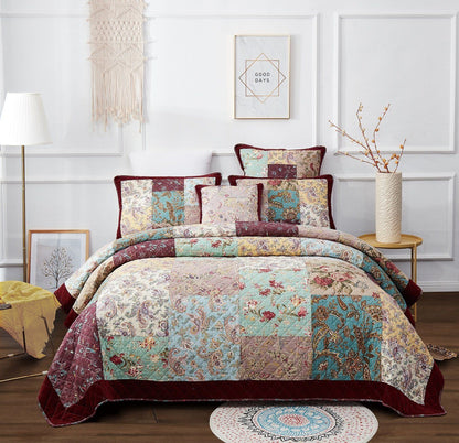 Avelena | Bettwäsche Bohemian Burgunderrot Samtbesatz Blumen Paisley Patchwork Baumwoll Bettüberwurf Set