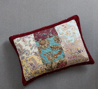 Avelena | Bettwäsche Bohemian Burgunderrot Samtbesatz Blumen Paisley Patchwork Baumwoll Bettüberwurf Set