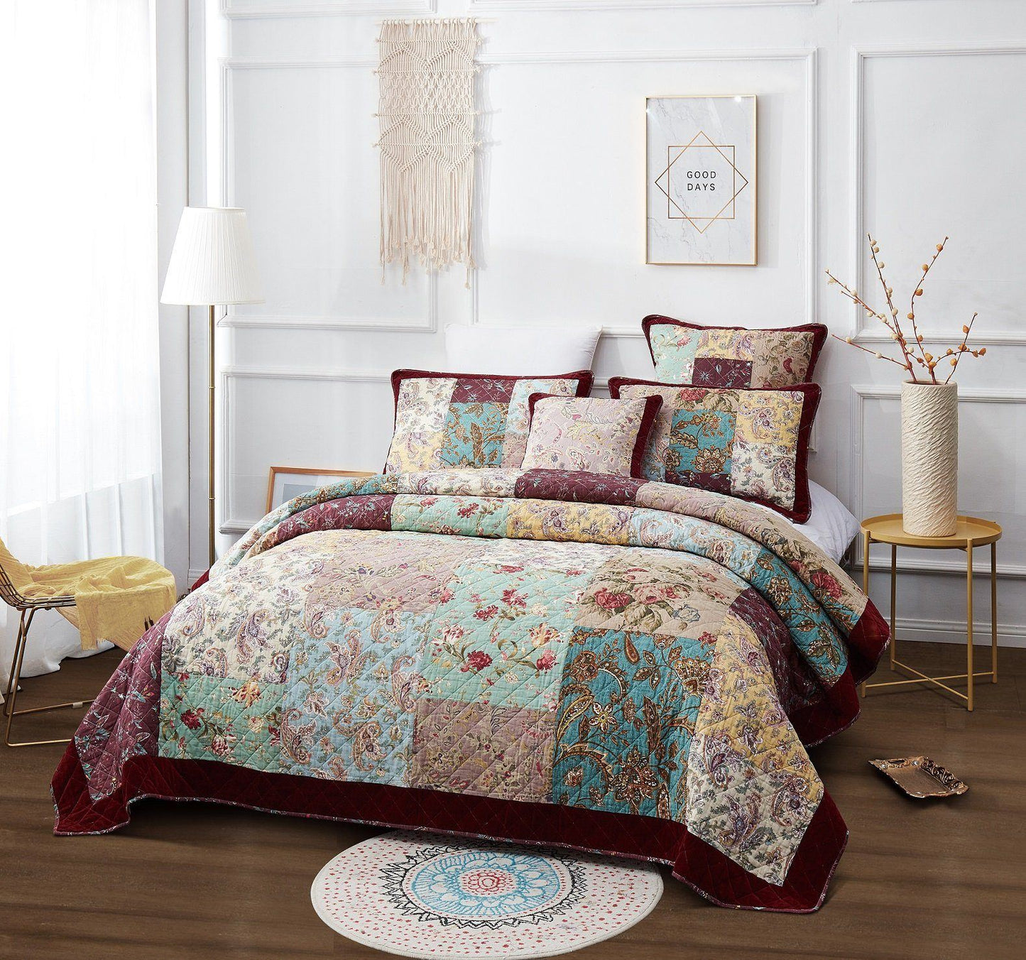 Avelena | Bettwäsche Bohemian Burgunderrot Samtbesatz Blumen Paisley Patchwork Baumwoll Bettüberwurf Set