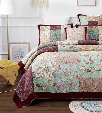 Avelena | Bettwäsche Bohemian Burgunderrot Samtbesatz Blumen Paisley Patchwork Baumwoll Bettüberwurf Set