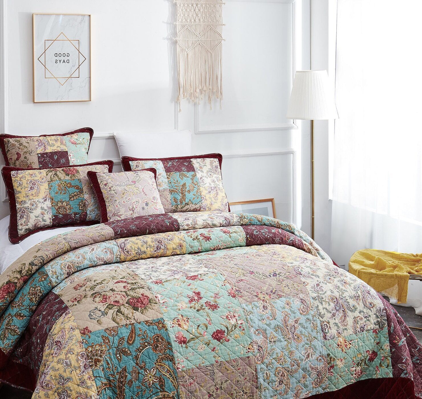 Avelena | Bettwäsche Bohemian Burgunderrot Samtbesatz Blumen Paisley Patchwork Baumwoll Bettüberwurf Set