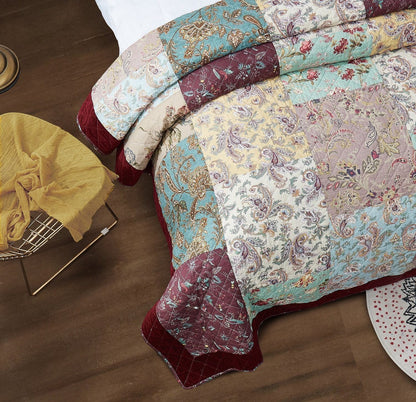 Avelena | Bettwäsche Bohemian Burgunderrot Samtbesatz Blumen Paisley Patchwork Baumwoll Bettüberwurf Set