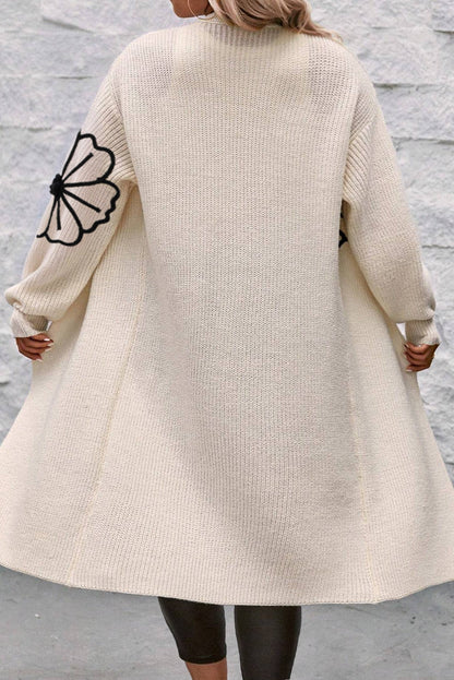 Avelena | Offene Schulterfreie Duster-Strickjacke mit Blumenstickerei