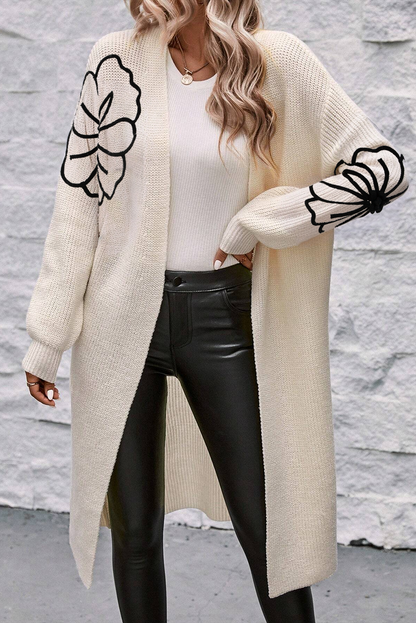 Avelena | Offene Schulterfreie Duster-Strickjacke mit Blumenstickerei