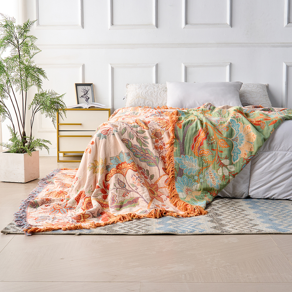 Avelena | Boho Floral Baumwoll-Wurfdecke mit Fransen – Creme & Orange