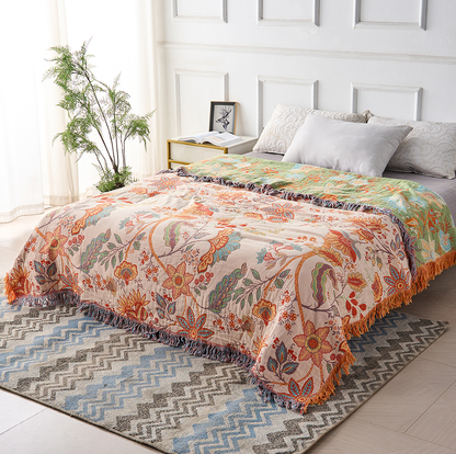 Avelena | Boho Floral Baumwoll-Wurfdecke mit Fransen – Creme & Orange