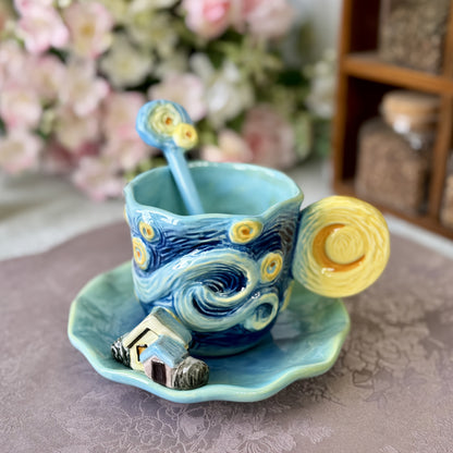 Avelena | ArtSip Keramikbecher & Untertassen-Set – Handgemaltes 3D-Design inspiriert von Van Gogh