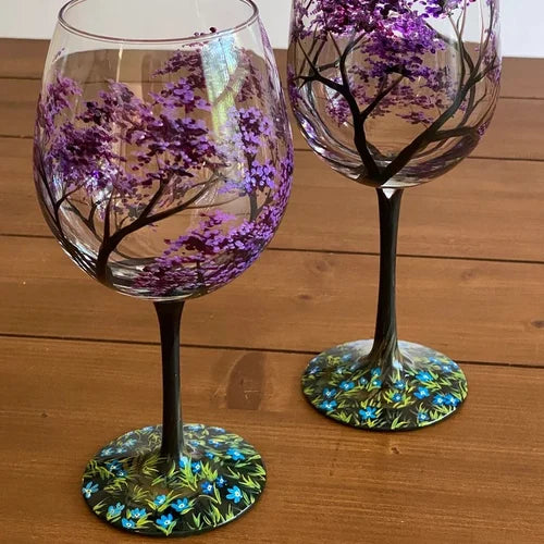 Avelena | Vier Jahreszeiten Baum Weingläser - Hand gemalt Kunst