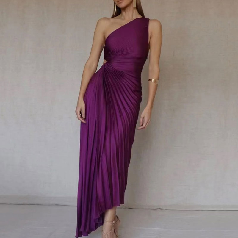 Schickes asymmetrisches Plisseekleid mit One-Shoulder-Träger, Kordelzug und Cut-out-Taille - Fuchsia