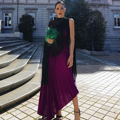 Schickes asymmetrisches Plisseekleid mit One-Shoulder-Träger, Kordelzug und Cut-out-Taille - Fuchsia