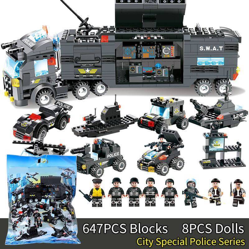 Avelena | 8 IN 1 Stadtpolizei Lkw Station Bauklötze Serie SWAT Spielzeug Geschenk Für Kinder