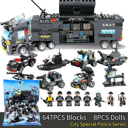 Avelena | 8 IN 1 Stadtpolizei Lkw Station Bauklötze Serie SWAT Spielzeug Geschenk Für Kinder