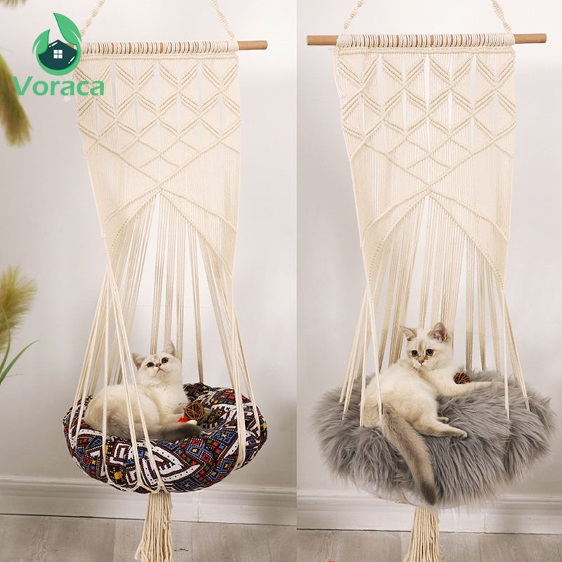 Avelena | Katzen Schwinge Bett Boho Stil Handgemacht Hängesessel Sitz Tusse Katzen Spiel Baumwollseil Makramee Tusse Haus