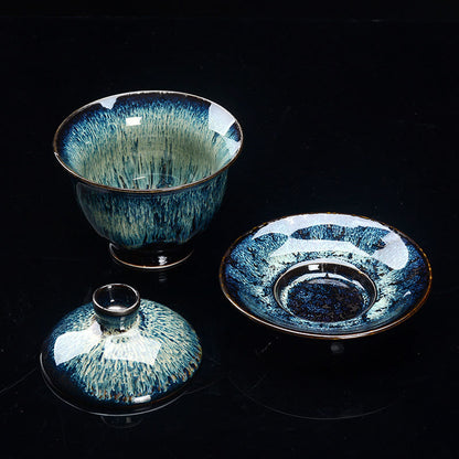 Avelena | Vintage Kiln Keramik Gaiwan Sancai Teetasse Teetasse und Untertasse mit Deckel