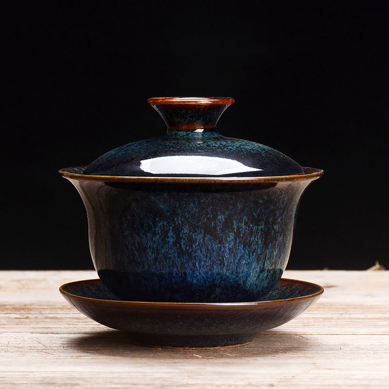 Avelena | Vintage Kiln Keramik Gaiwan Sancai Teetasse Teetasse und Untertasse mit Deckel