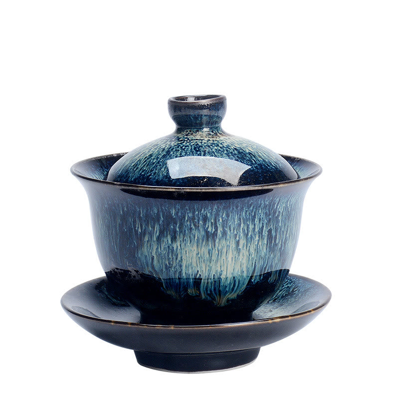 Avelena | Vintage Kiln Keramik Gaiwan Sancai Teetasse Teetasse und Untertasse mit Deckel