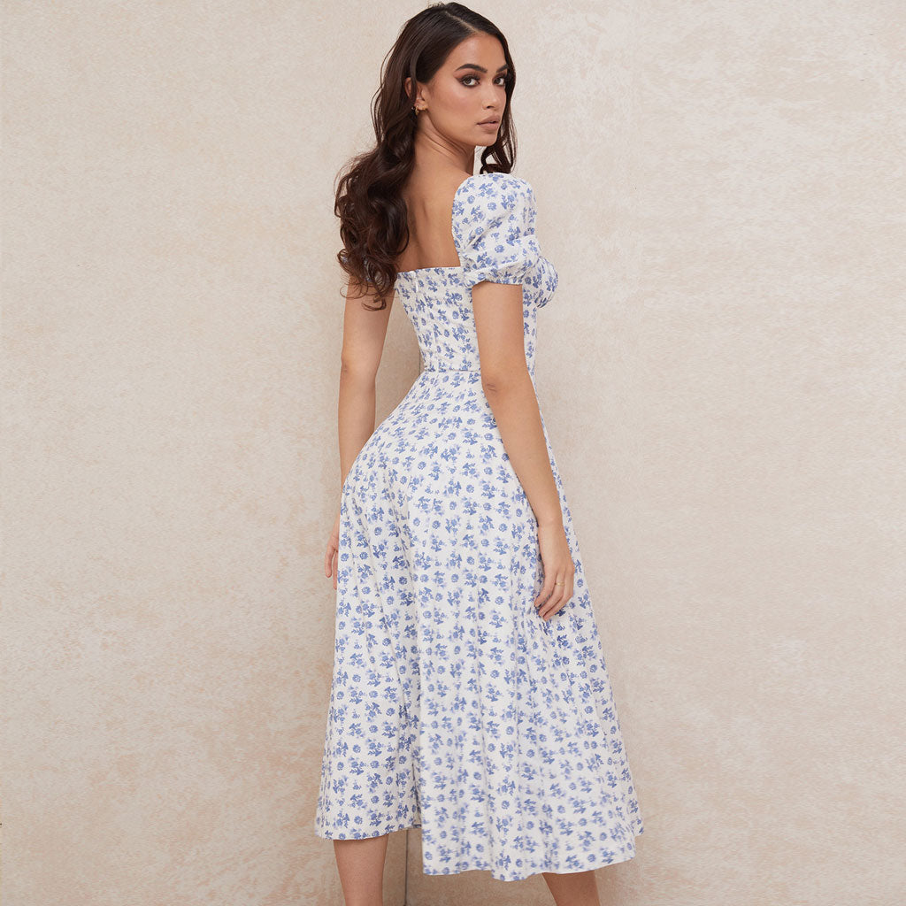 Sexy Maxi-Sommerkleid mit Gänseblümchenmuster, Puffärmeln und hohem Schlitz – Blau