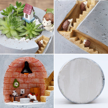 Avelena | Dekorativer Pflanzentopf mit Igel- und Hasen-Miniatur – Kreatives Treppenhaus-Design für Pflanzen