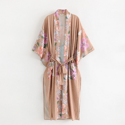 Errötender Boho-Kimono-Robe mit Blumendruck und Bindegürtel